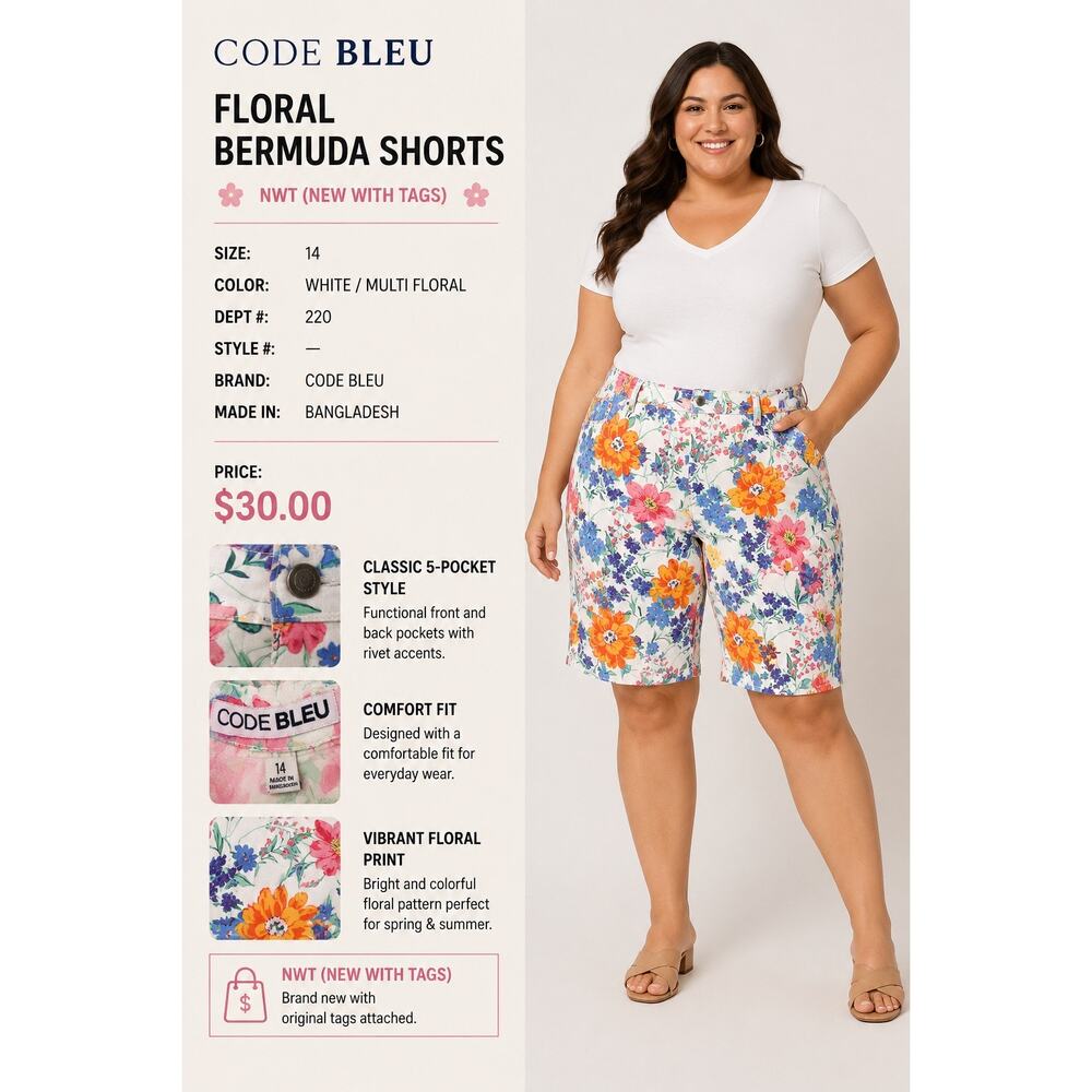 Code Bleu NWT Women’s Floral Bermuda Shorts Size 14 White Multi Stretch Summer